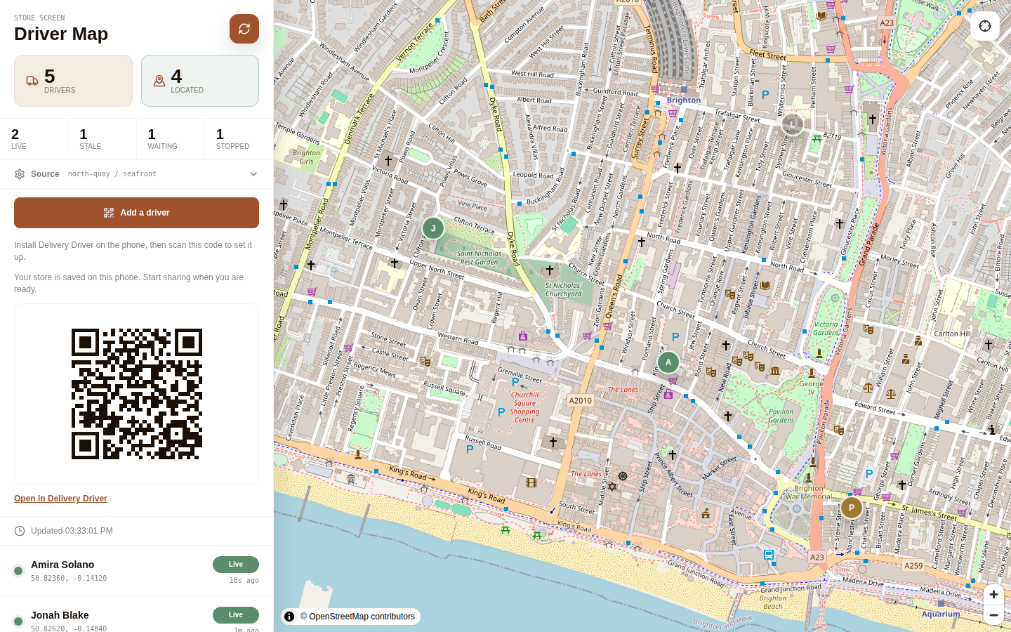 Add a driver open on the Driver Map, showing the setup code for a fictional restaurant.