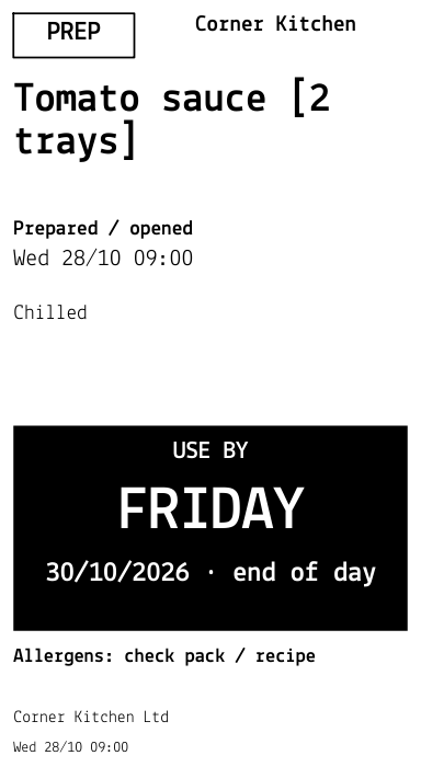 Printed food-safety label for tomato sauce, use by Friday 30 October 2026. The shop name is an example.