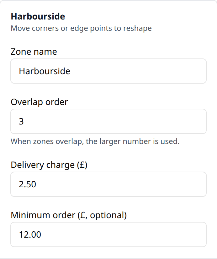 Harbourside delivery zone with a delivery charge of £2.50 and a minimum order of £12.