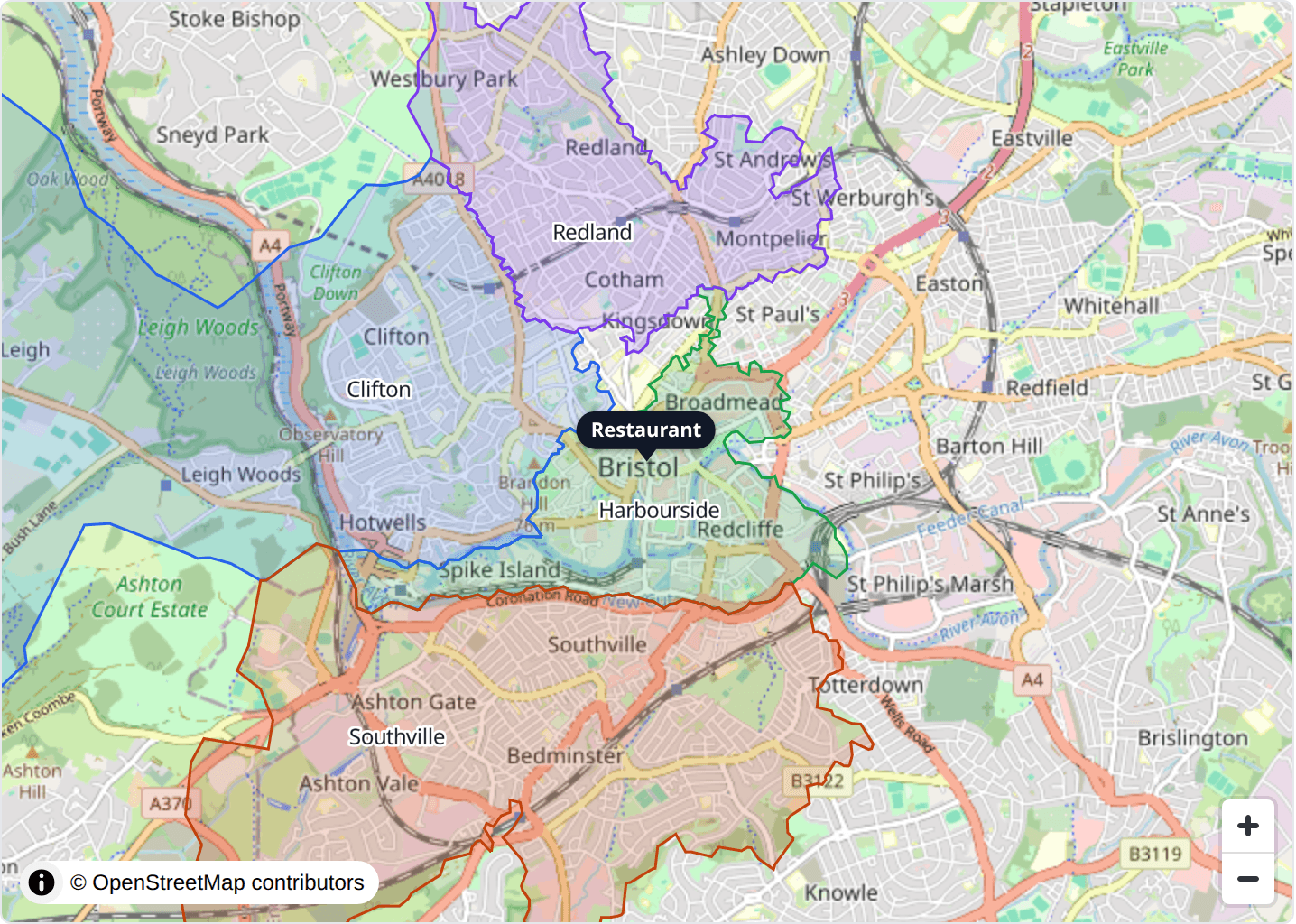 Coloured delivery zones on a map around a restaurant, including Harbourside, Clifton, Redland, and Southville.