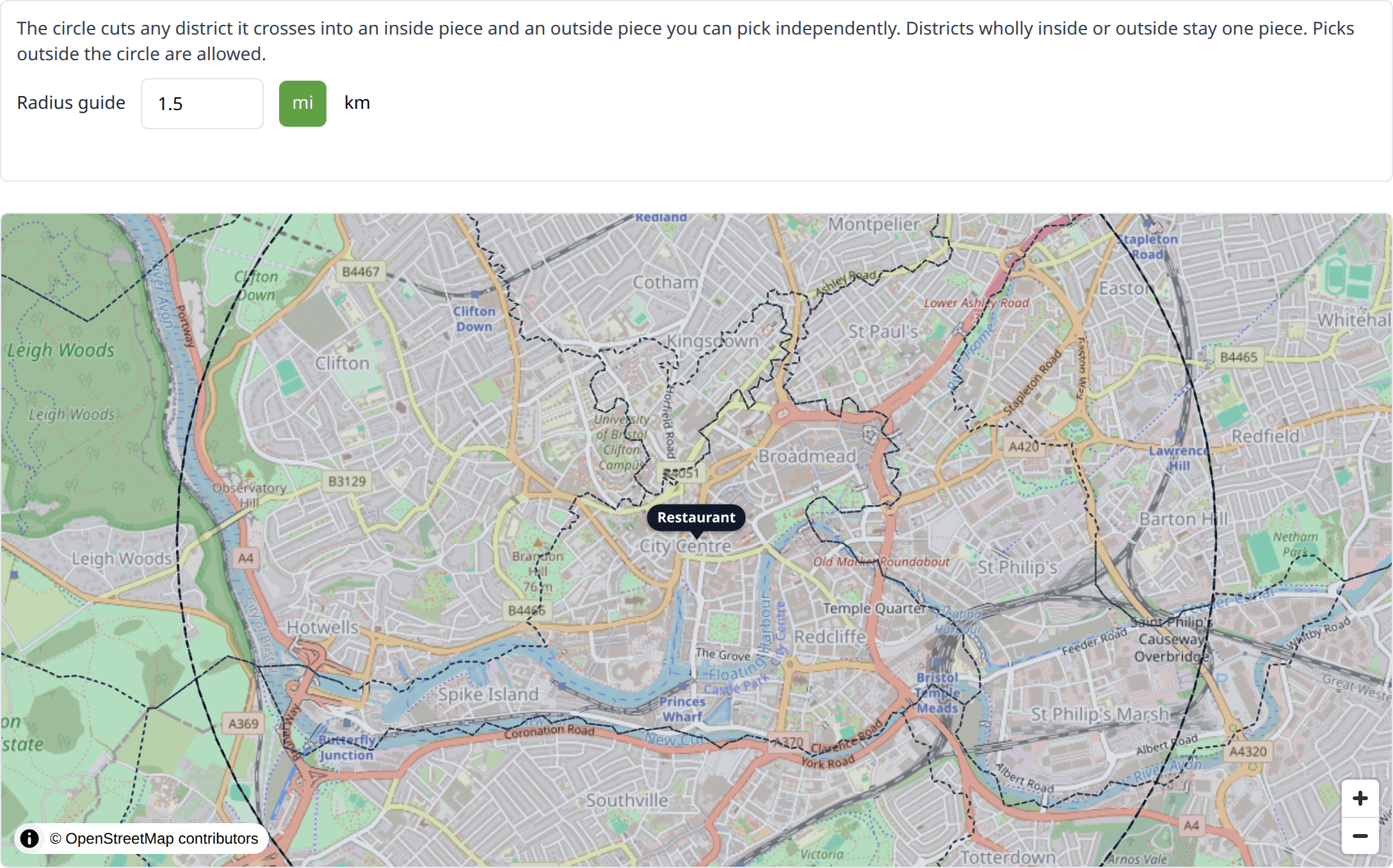 Radius guide set to 1.5 miles, with postcode district outlines and a circle around the restaurant on the map.