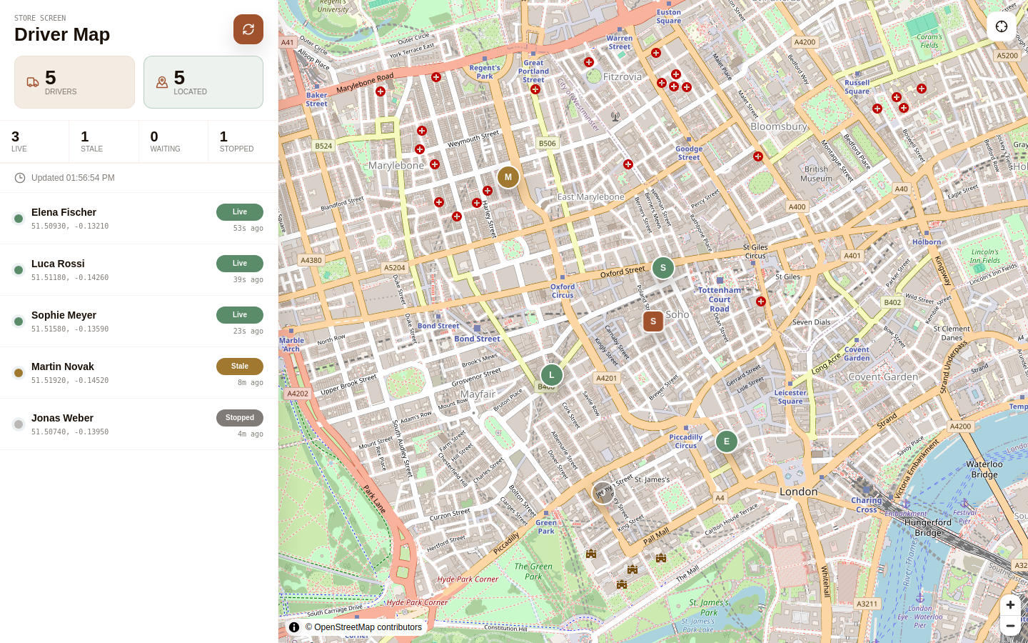 Store-facing Live Driver Map screen showing active delivery drivers around a demo location.