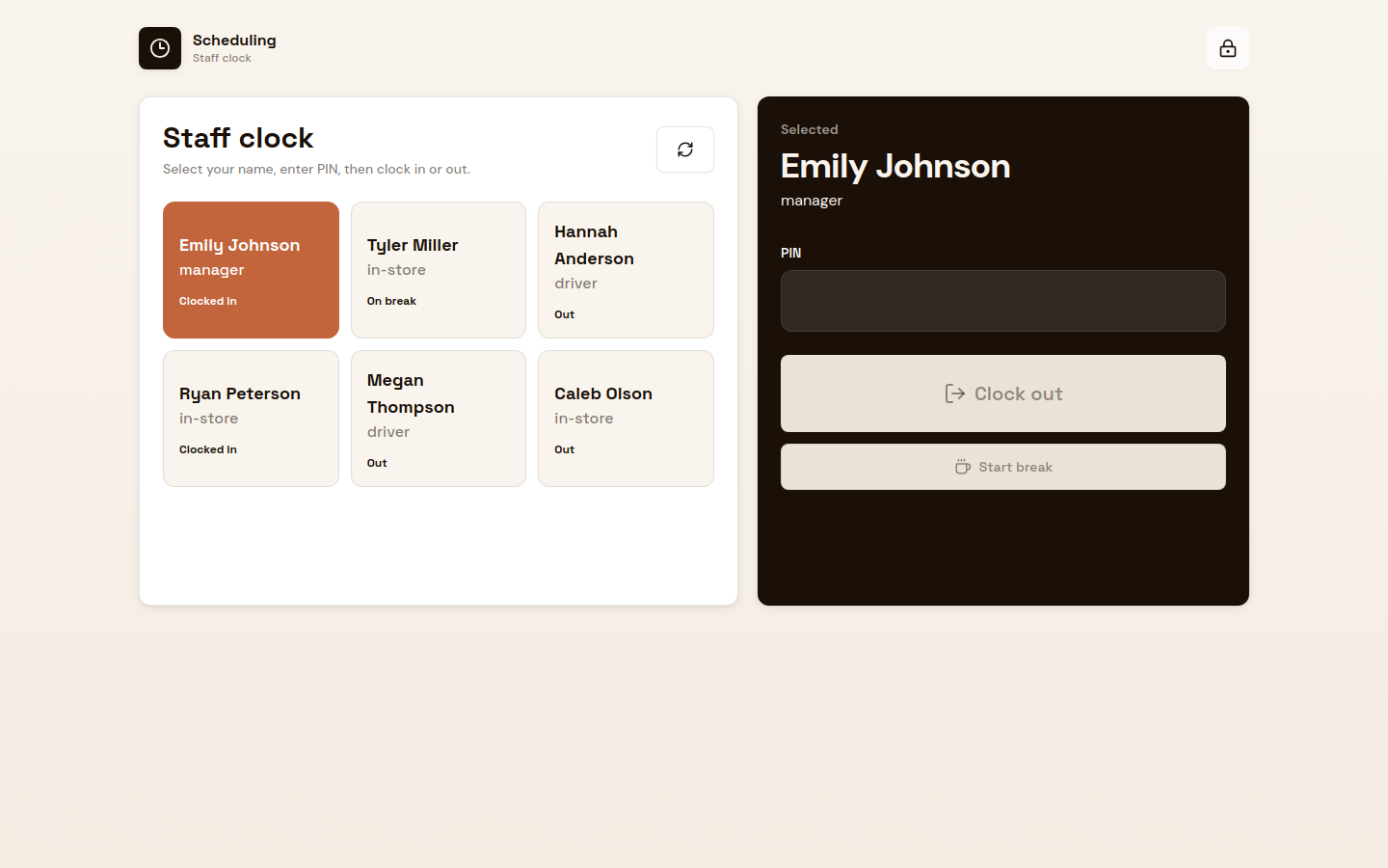 Staff Clock interface with staff names, current status, and clock-out controls.